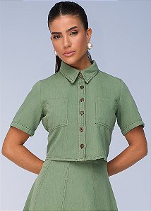 Camisa Cropped de Sarja Leve Verde Titanium