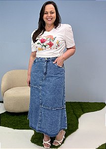 Saia Jeans Evasê com Recortes e Desfiados Titanium