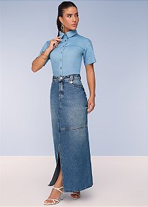 Saia Longa Jeans Semi Evasê Titanium
