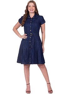 Vestido Ilda Jeans Escuro com Pregas Azul Hapuk