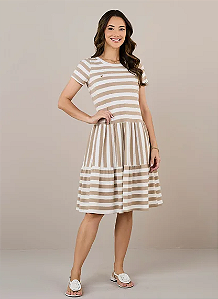 Vestido Larissa Malha Listrado Bege Tatá Martello