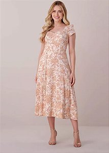 Vestido Juliana Midi Evasê Estampado Bege Tatá Martello
