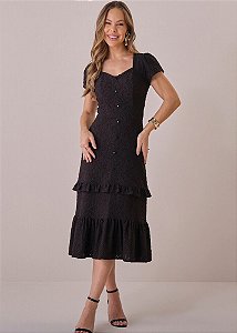 Vestido Helenice Midi com Babados Preto Tatá Martello