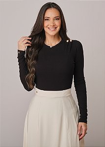 Blusa Giovana Manga Longa Preta Tatá Martello