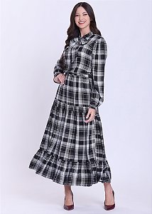 Vestido Celeste Xadrez Manga Longa Preto Hapuk
