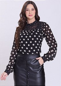 Blusa Felícia Poá Manga Longa Preta Hapuk
