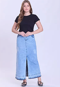 Saia Fabiana Jeans com Fenda Azul Claro Hapuk