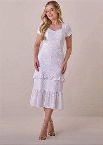Vestido Helenice Midi com Babados Branco Tatá Martello