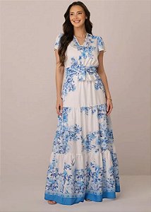 Vestido Tainara Longo Estampado Azul Tatá Martello