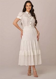 Vestido Midi Feminino Marieva Evasê Manga Curta Off-White Tatá Martello