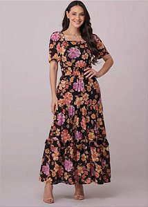 Vestido Longo Feminino Daniely Evasê Manga Curta Estampado Tatá Martello