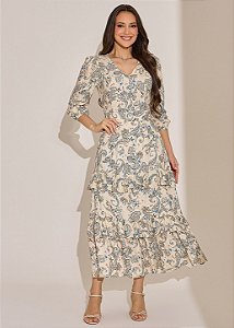 Vestido com Manga Poliana Estampado Azul Tatá Martello