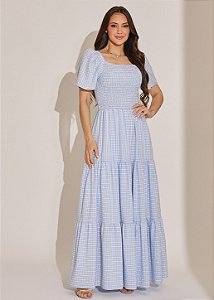 Vestido Longo Rafaela Evasê Estampado Xadrez Azul Tatá Martello