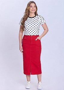 Saia Jeans Color Midi Simone Justa Vermelha Hapuk