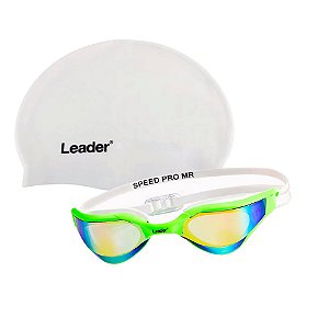 Kit Natação Leader Óculos Speed Pró Verde+touca Lisa branca
