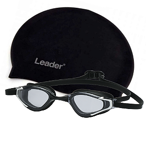 Kit Oculos Natação Leader Velocity Preto + Touca Silicone