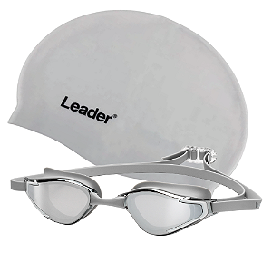 Kit Oculos Natação Leader Velocity Cinza + Touca Silicone