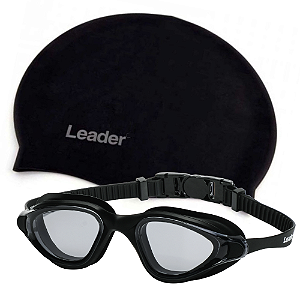 Kit Oculos de Natação Leader Open  Preto + Touca Silicone
