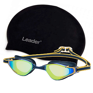 Kit Oculos de Natação Leader Velocity Azul + Touca Silicone