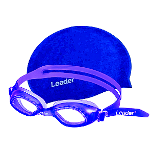 Kit Natação Leader Oculos Pool + Touca Silicone Lisa Azul
