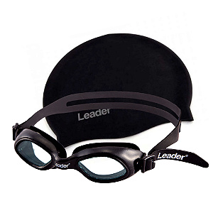 Kit Natação Leader Oculos Pool + Touca Silicone Lisa Preto