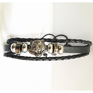 Pulseira Bracelete Onça Tigre Couro Ajustável