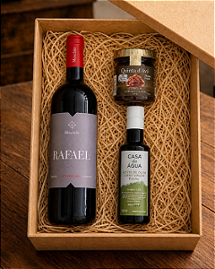 Box Caixa com Vinho Rafael Mouchão 2022 + Azeite e Cebola Caramelizada Artesanal