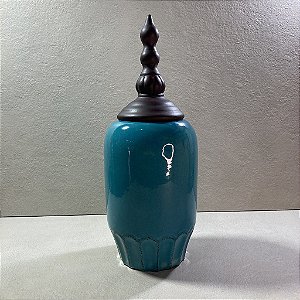 Potiche de Cerâmica Azul com Tampa Marrom Luna II Médio