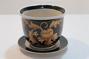 Cachepô de Cerâmica Preto e Dourado com Prato