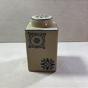 Potiche de Cerâmica Bege com Detalhes em Azul