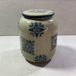 Potiche de Cerâmica Bege com Detalhes em Azul