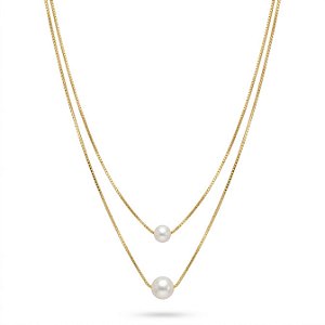 Colar Duplo com Duas Pérolas - Folheado a Ouro 18K
