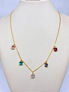Colar Corrente Cadeado - Folheado à ouro 18 k - Pingente zircônias Coloridas