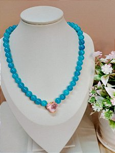 Colar Pedra Natural -Jade Amazonita Azul  e Pingente Zircônia Coração