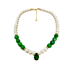 Colar Pérolas com Jade Esmeralda e Pingente Gota Zircônia - Folheado Ouro 18 k