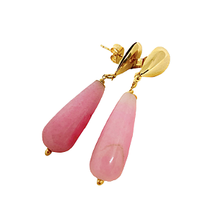 Brinco Pedra Natural Gota Jade Rosa - Base folheado à Ouro 18 k