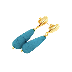 Brinco Pedra Natural Gota Jade Azul Turquesa -Base Folheado à Ouro 18 k