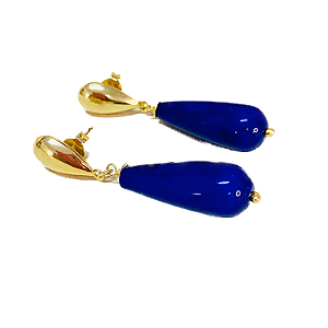 Brinco Pedra Natural Gota Jade Azul Royal e Base  Folheado à Ouro 18 k