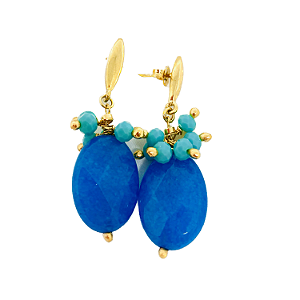 Brinco Pedra Natural Jade Azul Celeste com Pingentes - Base Folheado Ouro 18 k