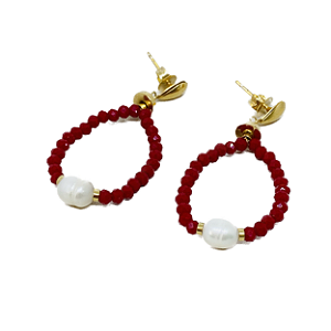 Brinco Gota Cristal Vermelho - Pingente Pérola - Base Foheada à Ouro 18 k
