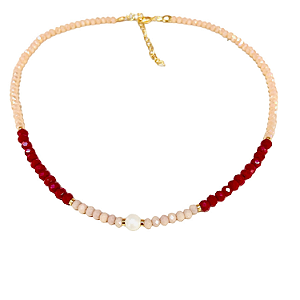 Choker Cristais Vermelhos e Bege com Pingente Pérola Shell