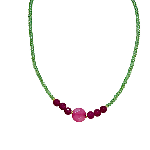 Colar Cristais Verdes com Jade Pink e Rosa