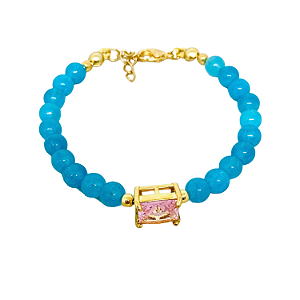 Pulseira Jade Amazonita Azul com Pingente Zircônia Rosa