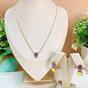 Conjunto Colar e Brincos com Pingentes Ametista e Citrino