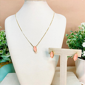 Conjunto colar e brincos Rose Glam - Pingente Navete Rosé Banhado a Ouro 18 k