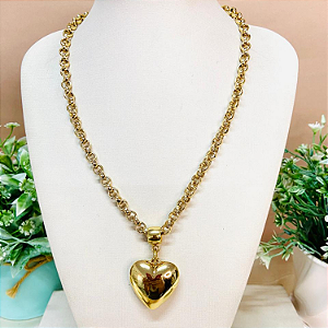 Colar Elo Português com Pingente de Coração Dourado – Folhado à Ouro 18k