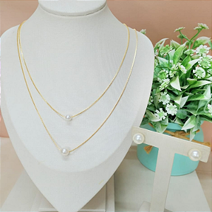 Kit Clássico Elegância – Colar Duplo + Brincos de Pérola