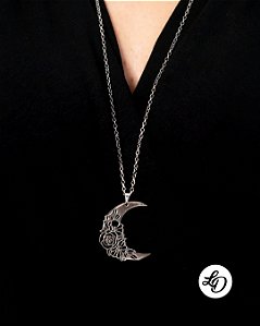 Colar aço inox LONGO PINGENTE LUA E FLORES