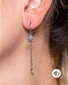 Brinco aço inox ARGOLINHA CORRENTE ESTRELA E LUA
