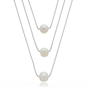 Colar 3 Voltas Fio Esferinha 3 Pérolas Naturais